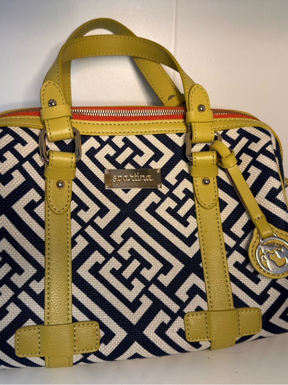 Spartina 449 Navy and Yellow Geometric Canvas Satchel